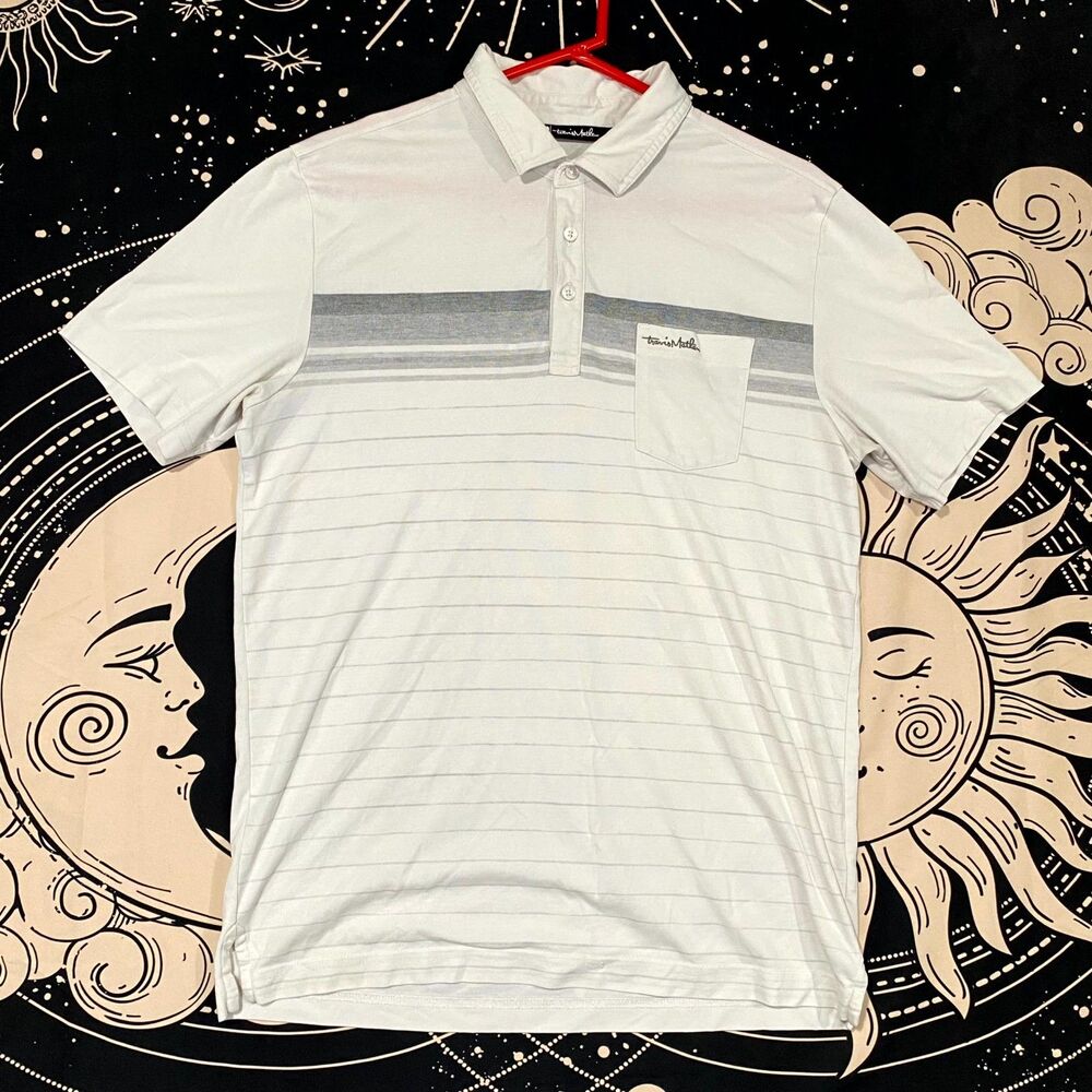 Travis Mathew Polo Shirt Men's M White Striped Cotton Golf Performance Sports